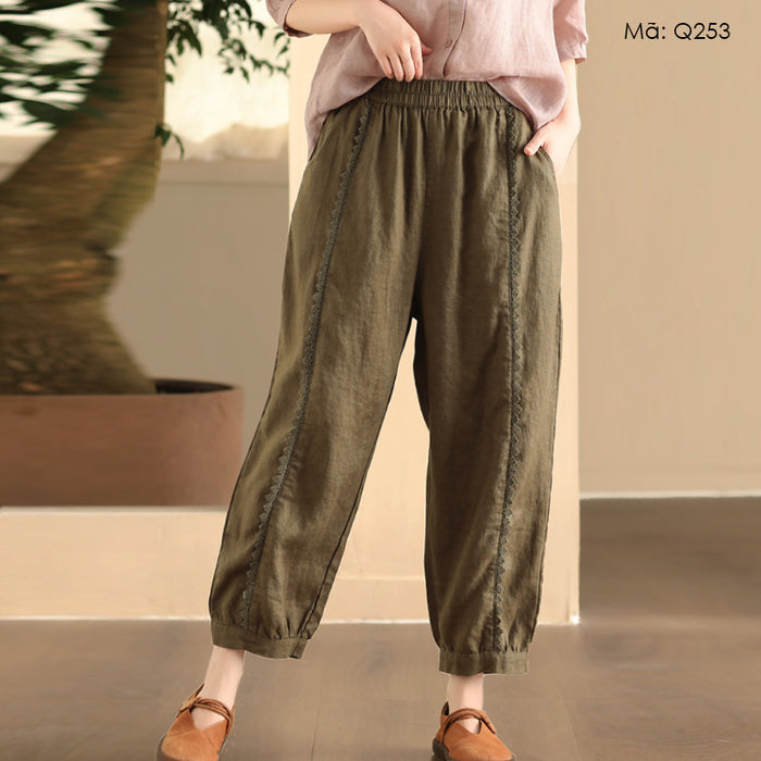 Quần baggy linen lửng thêu ren ống bo - Q253