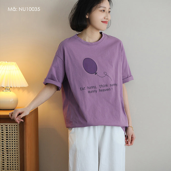 Áo T-shirt ngắn tay cổ tròn form dài in quả bóng - NU10035