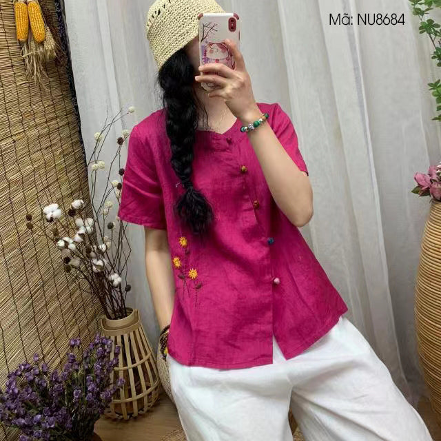 Áo sơ mi linen ngắn tay cổ tròn thêu hoa lá khuy sắc màu - NU8684