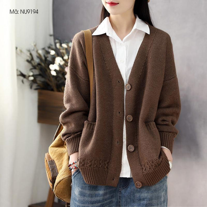 Áo khoác cardigan len đan dài tay cổ V hai túi - NU9194