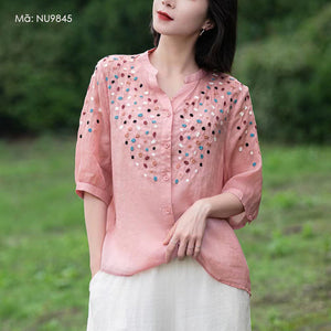 Áo sơ mi linen ngắn tay cổ V thêu hoa liti màu sắc - NU9845