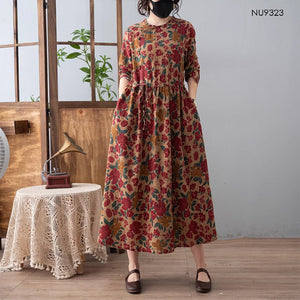 Đầm liền dài tay cổ tròn xếp ly khuy lệch eo dây rút - NU9323