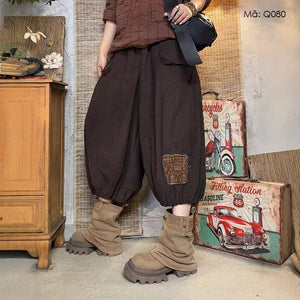 Quần baggy nhung tăm lưng thun túi hộp ống bo - Q080