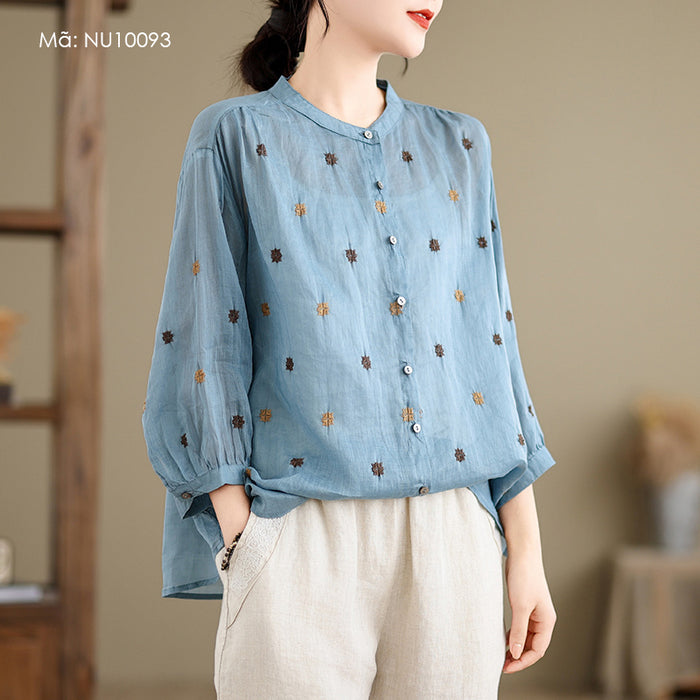 Áo sơ mi linen tay lửng cổ đứng thêu chấm sao - NU10093