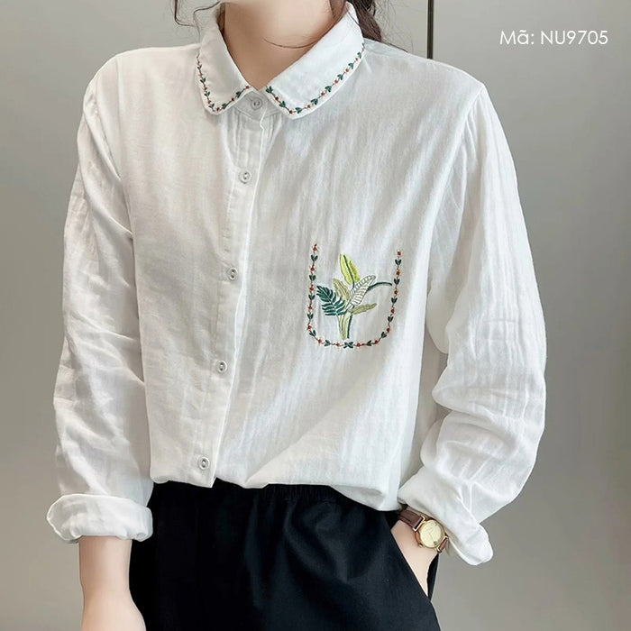 Áo sơ mi linen dài tay cổ pipi thêu hoa lá bo viền - NU9705