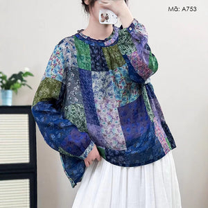 Áo sơ mi linen dài tay cổ tròn bèo in hoa lá - A753
