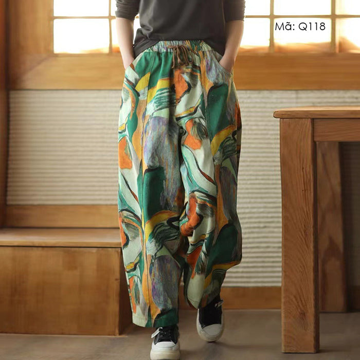 Quần baggy denim lưng thun ống rộng in hoa văn sắc màu - Q118