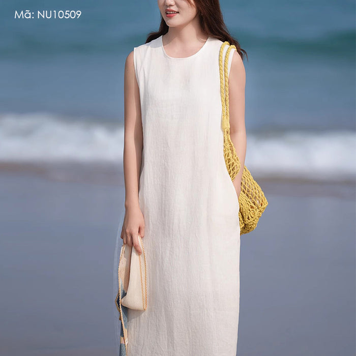 Đầm liền linen sát nách cổ tròn đơn sắc khóa kéo - NU10509
