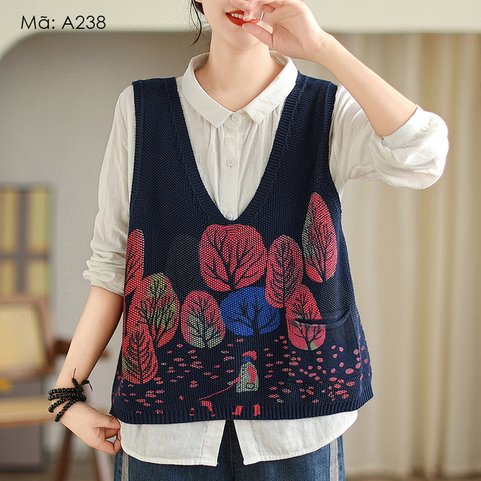 Áo len gile sát nách in hình rừng cây - A238