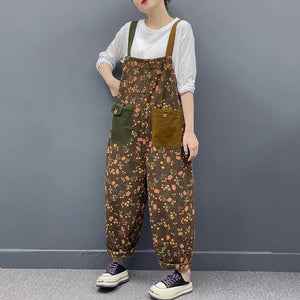 Quần baggy yếm denim in hoa lá túi kiểu lệch màu - NU9491