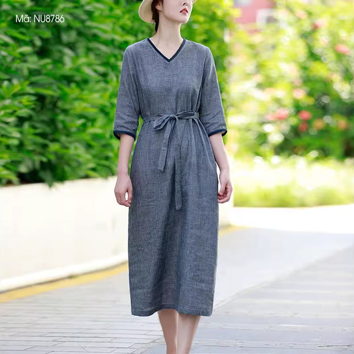 Đầm liền linen ngắn tay cổ V kẻ caro eo thắt dây - NU8786