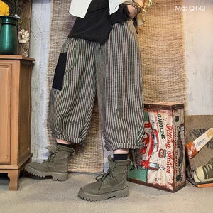 Quần baggy linen lưng thun ống rộng kẻ sọc miếng vá - Q140