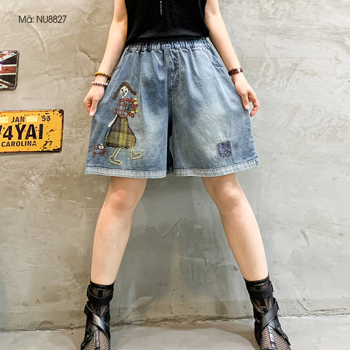 Quần sooc denim lưng thun thêu cô gái và chú cún - NU8827