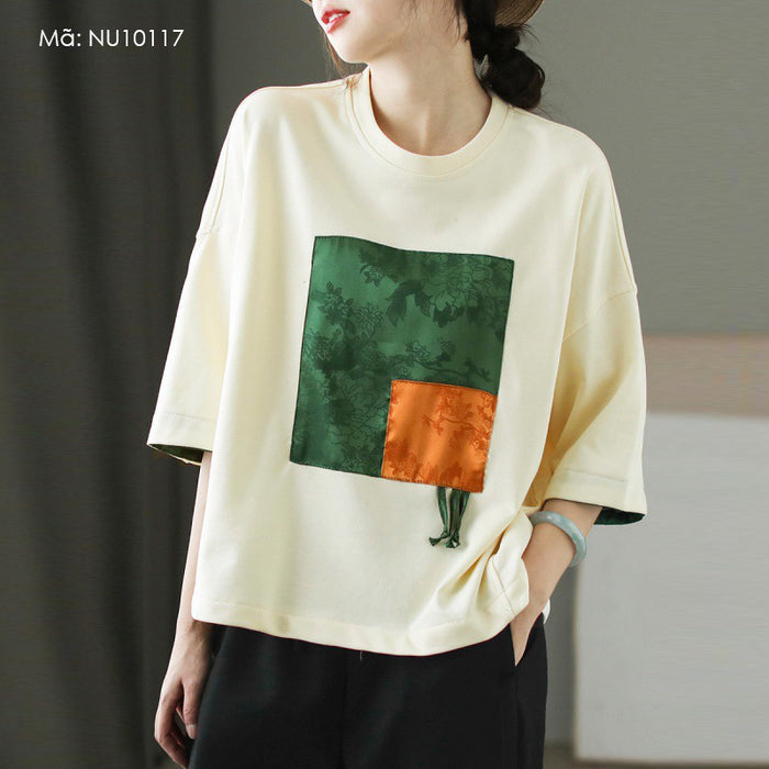 Áo T-shirt ngắn tay cổ tròn hoa văn ô vuông - NU10117