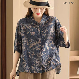 Áo sơ mi linen ngắn tay cổ đức in retro vạt bằng - A941