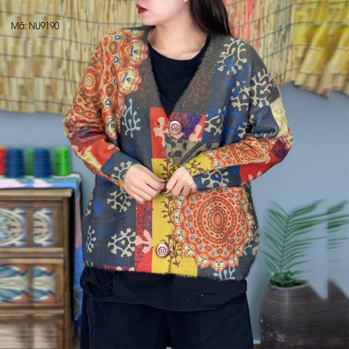 Áo khoác len cardigan dài tay cổ V in hoa văn retro - NU9190
