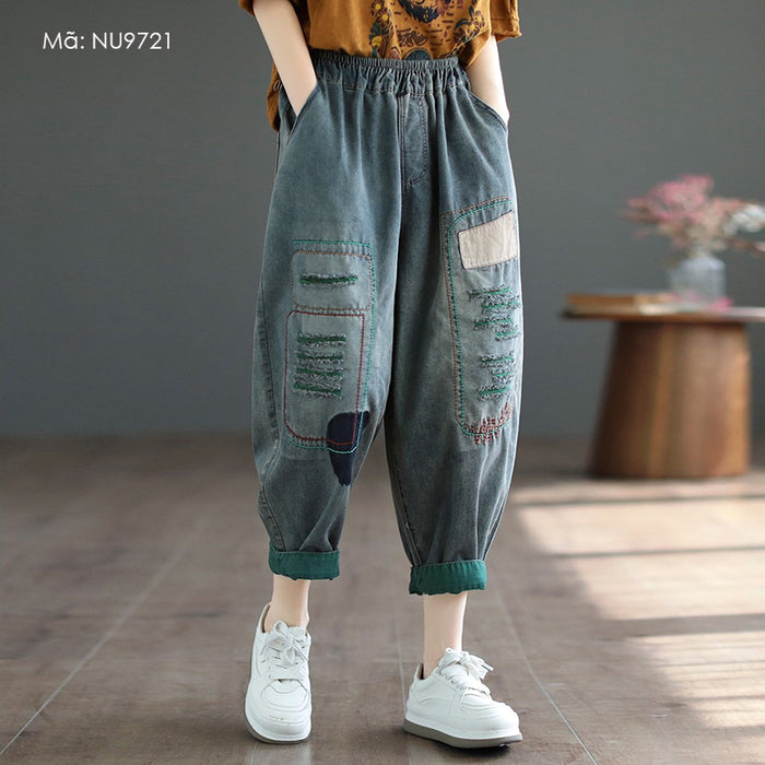 Quần baggy denim lưng thun ống côn kiểu chắp vá mài rách - NU9721