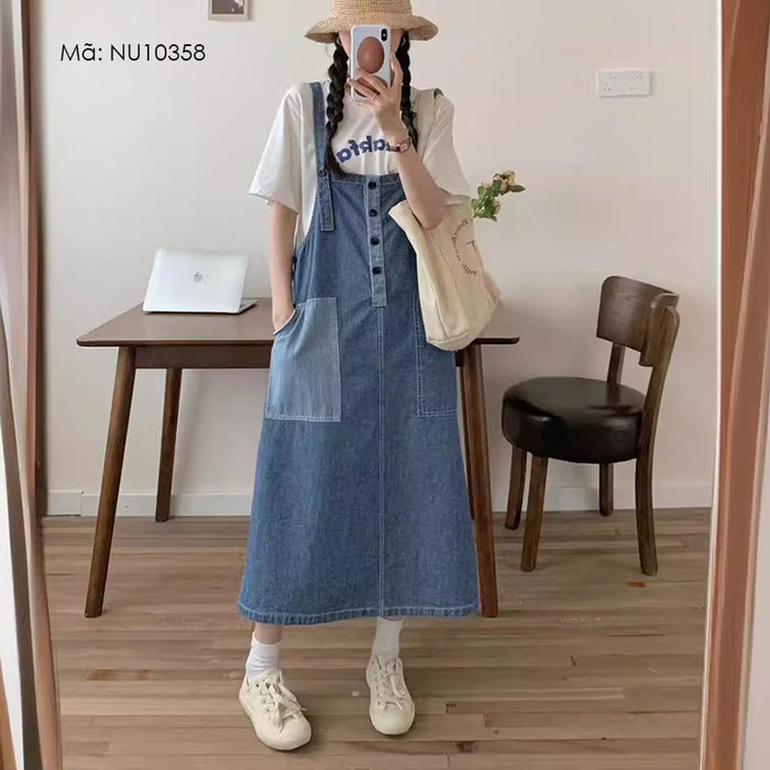 Đầm yếm denim túi lớn lệch màu có khuy cài - NU10358