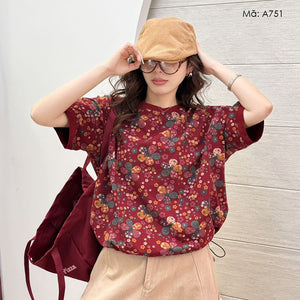 Áo T-shirt ngắn tay cổ tròn in hoa năm cánh - A751