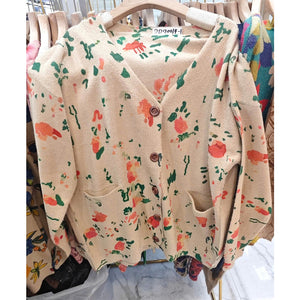 Áo khoác len cashmere dài tay cổ V in trừu tượng hai túi - A477