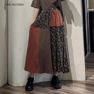 Chân váy linen in hoa lưng thun phối mảng màu - NU10364
