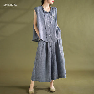 Bộ đồ linen gồm áo sơ mi sát nách một túi và quần baggy ống rộng lưng cao kẻ caro - NU9056