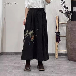 Chân váy linen retro lưng thun thêu hoa lá khuy cài - NU10081
