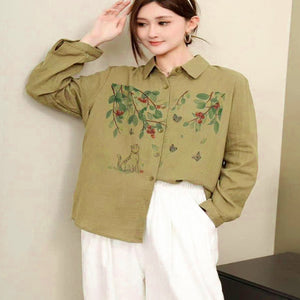 Áo sơ mi dài tay cổ đức in chú mèo trong vườn - A270