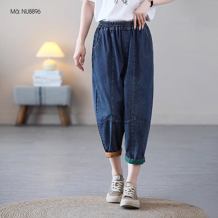 Quần baggy denim lưng thun ống côn phối màu - NU8896