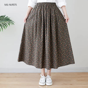 Chân váy linen retro lưng thun túi chéo in hoa liti - V012