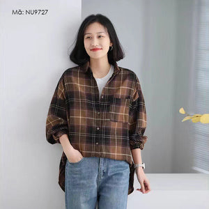 Áo sơ mi dài tay cổ đức kẻ sọc caro form dài - NU9727