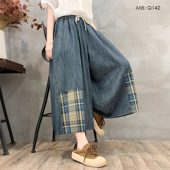 Quần baggy denim lưng thun ống rộng vá caro - Q142