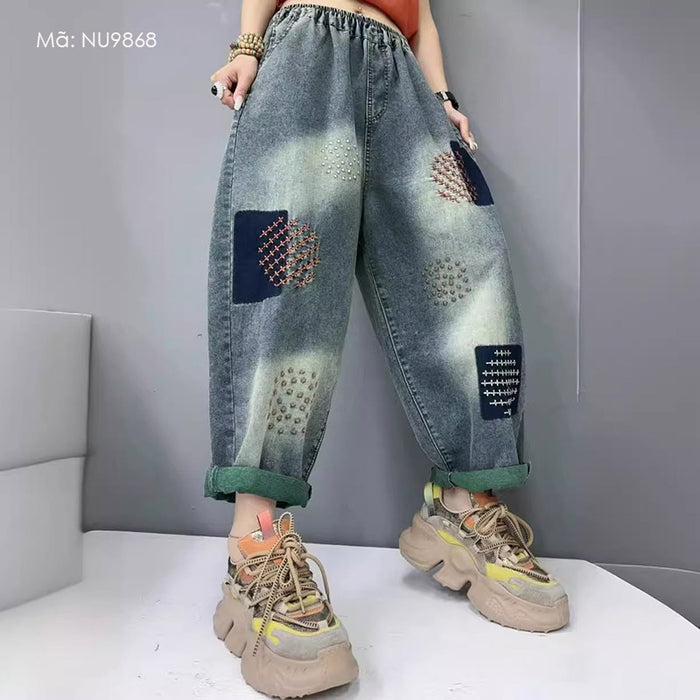 Quần baggy denim lưng thun thêu hình tròn phối màu - NU9868