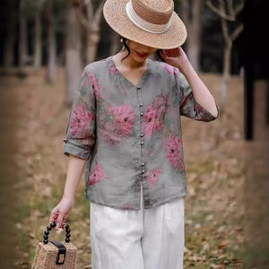 Áo sơ mi linen ngắn tay cổ V khuy tròn in hoa anh đào - NU10002