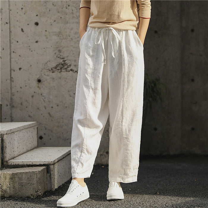 Quần baggy linen lưng thun dây rút một màu - NU8358