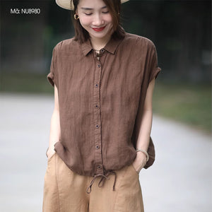 Áo sơ mi linen sát nách cổ đức đơn sắc vạt dây rút - NU8980