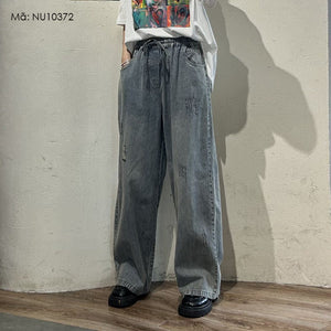 Quần baggy denim lưng thun dây rút ống đứng kiểu sờn rách - NU10372
