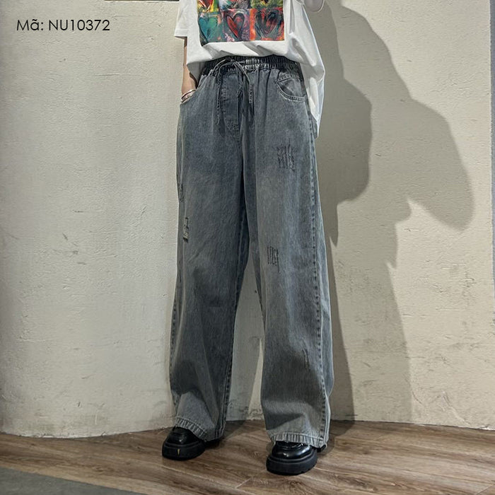 Quần baggy denim lưng thun dây rút ống đứng kiểu sờn rách - NU10372