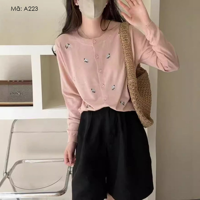 Áo khoác cardigan dệt kim thêu hoa lá - A223