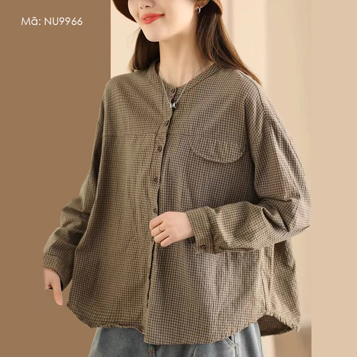 Áo sơ mi linen dài tay cổ tròn kẻ caro túi nắp tròn - NU9966