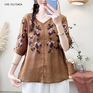 Áo sơ mi linen ngắn tay cổ V thêu hoa ngũ sắc - NU10404
