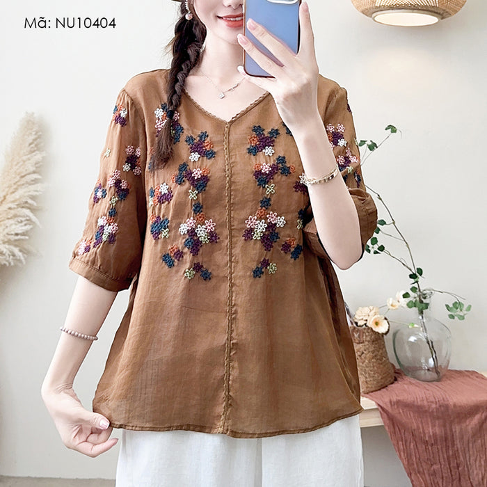 Áo sơ mi linen ngắn tay cổ V thêu hoa ngũ sắc - NU10404