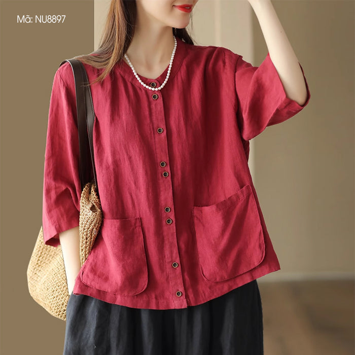 Áo sơ mi linen ngắn tay cổ tròn hai túi vuông vạt xẻ - NU8897