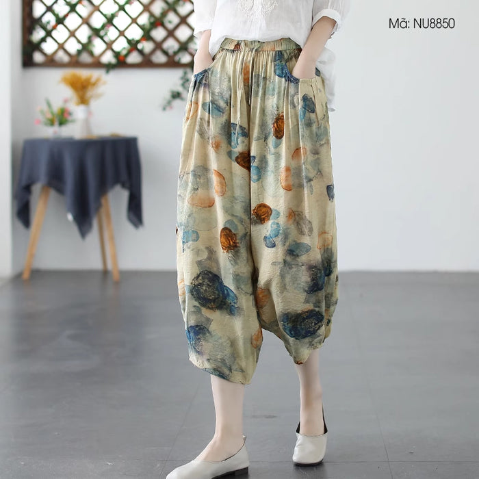 Quần baggy linen lưng thun ống túm in hoa văn retro - NU8850