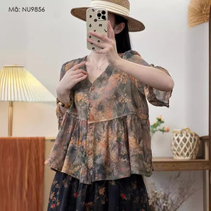 Áo sơ mi linen babydoll ngắn tay cổ V in hoa lá - NU9856