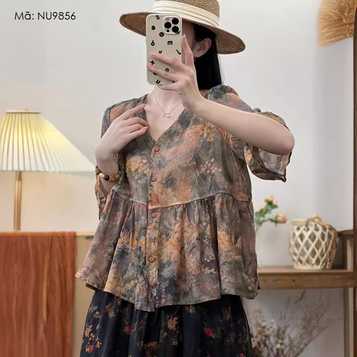 Áo sơ mi linen babydoll ngắn tay cổ V in hoa lá - NU9856