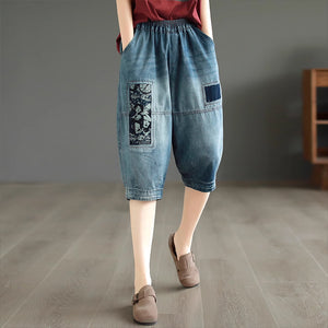 Quần baggy lửng denim lưng thun vá hình ảnh retro - NU8829