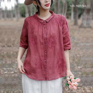 Áo sơ mi linen ngắn tay cổ pipi thêu hoa - NU9763