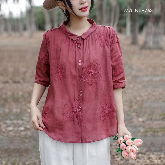 Áo sơ mi linen ngắn tay cổ pipi thêu hoa - NU9763