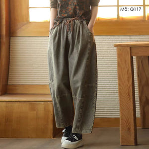 Quần baggy denim lưng thun ống rộng gấu phối caro - Q117